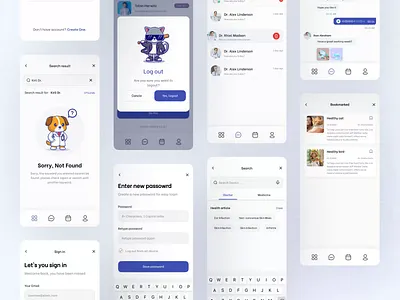 Pet Care Mobile App - Search, Schedule, pop-ups & more screens. animation app design branding care doctor illustration minimal mobile app mobile app design mobile screens no result screen no results found per care pet popups schedule search sign in sign up sign up journey