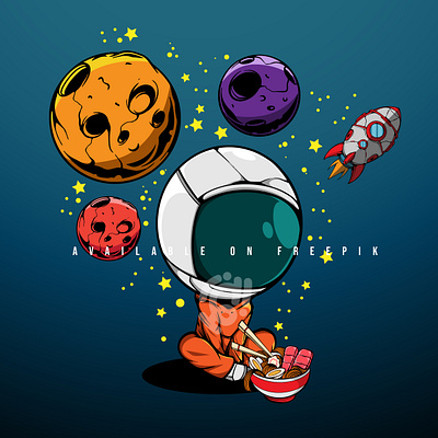 CUTE ASTRONAUT EATING RAMEN IN THE SPACE art astronaut character design doodle galaxy icon illustration japanese logo mascot planet ramen vector