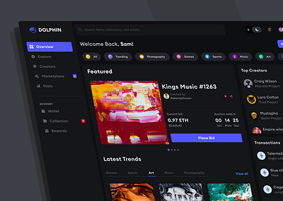 DOLPHIN - NFT dashboard (dark mode) blockchain crypto cryptocurrency dashboard design nft ui web3