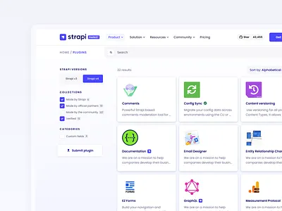 Filtering system on Strapi Market 🛒 add ons breadcrumb card cms extensions filter filtering system headless cms market marketplace plugins providers sort strapi
