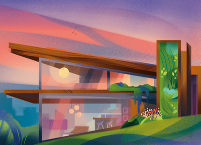 House of the future background design building eco future eco garden future hills house house of the future illustration landscape landscape illustration nature sunset sustainable sustainable house wall garden