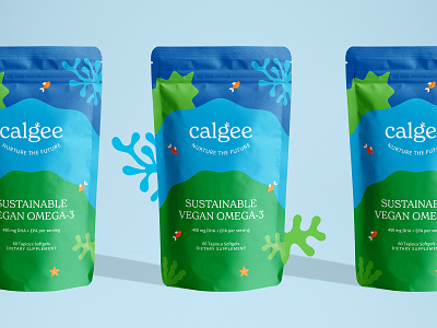 Calgee Pouch Design blue branding compostable design eco friendly fish identity illustration logo marine ocean omega 3 packaging pouch shopify supplement sustainable vitamins water wellness
