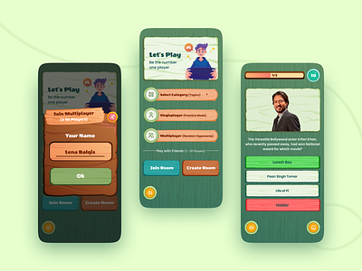 Bollywood Trivia Game app design bollywood design game app green mobile app mobile app design mobile app game mobile game mobile ui trivia trivia game ui wood theme