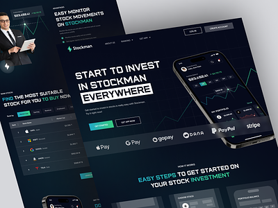 Stockman - Stock Investment Landing Page app landing page appdesign clean dark mode futuristic investment investment landing page landing page mockup mockup landing page popular saas landing page stock stock investment stock investment landing page stock landing page trending ui uiux