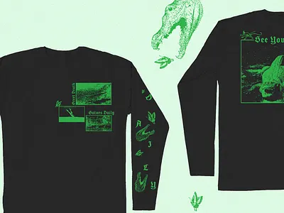 Greet Death X Gators Daily Collab | Long Sleeve alligator art direction band merch band shirt black and green black shirt collaboration gators graphic design illustration merch merch design shirt design typography