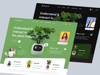 Plants I/O - Ivy: Smart Planter Web Design aiot app artificial intelligence branding design green grow hero section interact iot pet plant robot sensors smart typography ui ux web web deign