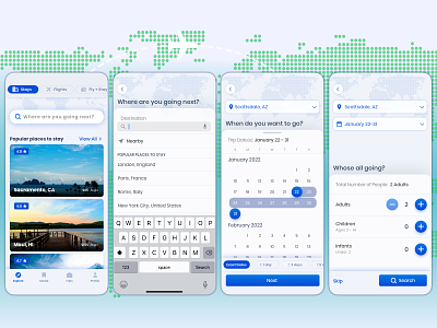 Travel Booking App booking booking app breadcrumb breadcrumbs clean date picker flight flight app form mobile mobile app mobile design search search form travel travel agency travel booking uiux ux vacation