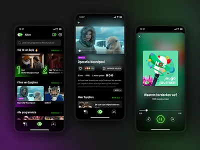 NPO Zapp entertainment streaming app for tweens app dark darkmode green kids mobile movie native neon npo podcasts purple streaming tweens zapp