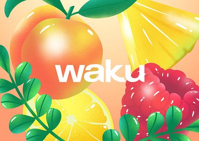 Waku Tea Logo branding design fruit illustration lemon logo packaging peach pineapple raspberry typography vector