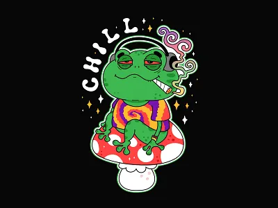 Chill frog 420 cannabis cartoon character chill cute dope frog high illustration joint marijuana poster print rasta smoke sticker stoner t shirt weed