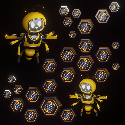 3D illustration of techno bee and sci-fi honeycomb. 3d bee blender design honeycomb robot sci fi