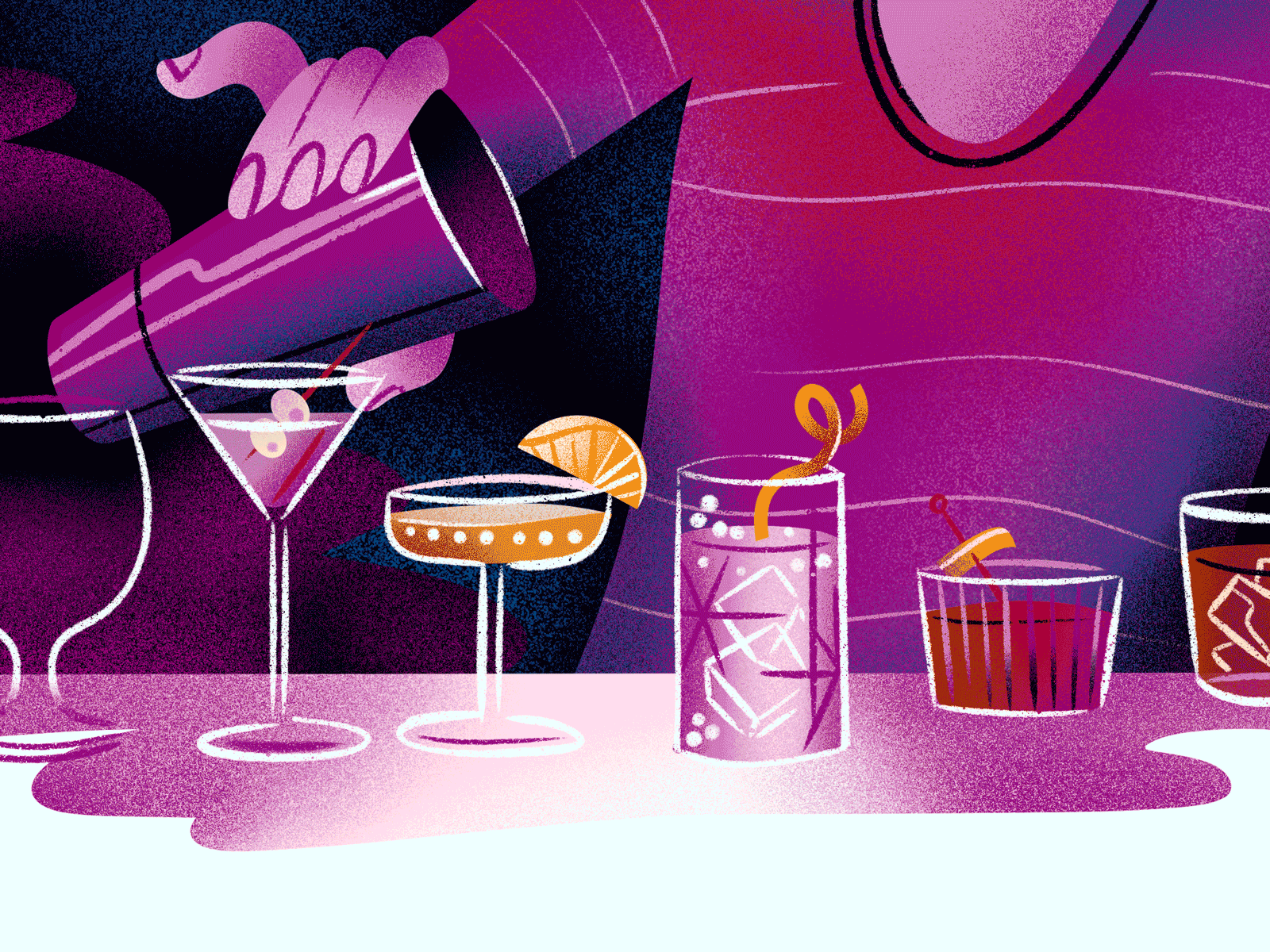 Washington Post - Bartender Image animation bartender cocktail conveyer belt drawing drinks editorial editorial illustration illustration jordan kay limited color noise sparkles texture washington post
