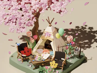 Spring camping with Cherry Blossam 3d 3dart blender3d camping cozy digitalart kawaii lowpoly render
