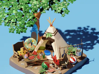 Summer Camping with watermelon 3d blender3d camping canada digitalart graphic design kawaii lowpoly maple render summer