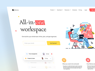 Motivee - All in One Work Space collaboration design free download freebie hero section homepage illustration landing design landing page meeting product product page team teamwork ui ux web web design website workspace