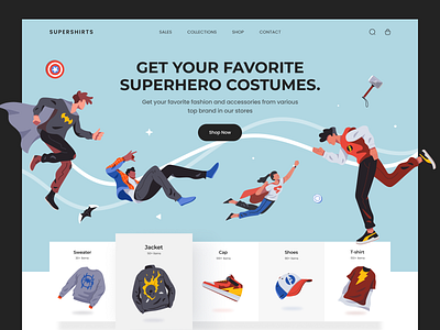 Superheroes Apparel Landing Page apparel batman color costumes dc design desktop ecommerce flash illustration landing page marvel spiderman superheroes superman ui vector