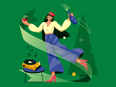Merry Christmas casual character christmas christmas atmosphere christmas tree dance gift girl happy hat high shoes holiday illustration listen to music merry christmas music relax retro style wine woman