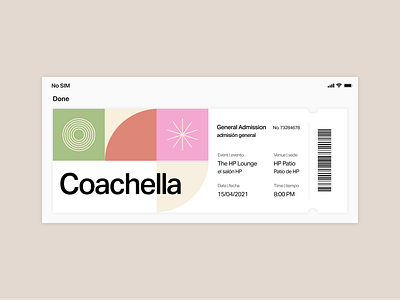 eTicket admission admission ticket app app design barcode coachella colourful eticket festival festival ticket minimal modern pastel ui ux