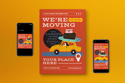 Red Retro We're Moving Flyer Set announcement graphicook graphicook studio instagram post instagram story moving print template red retro were moving