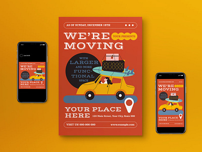 Red Retro We're Moving Flyer Set announcement graphicook graphicook studio instagram post instagram story moving print template red retro were moving