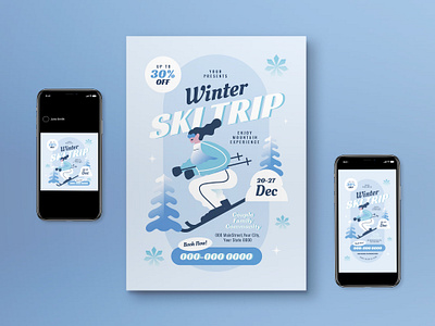 Blue Flat Design Winter Ski Trip Flyer Set activity blue event flat design flat design style graphicook graphicook studio print template sport winter winter ski