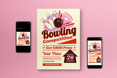 Cream Pop Art Bowling Competition Flyer Set bowl bowling bowling competition bowling night cream game games night graphicook graphicook studio pink pop art pop art style pop style print template