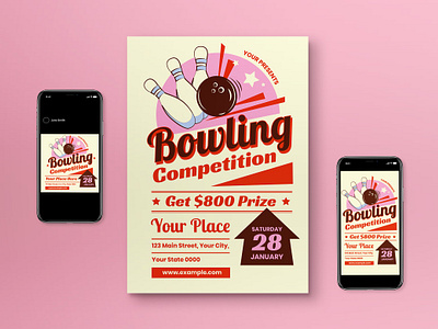 Cream Pop Art Bowling Competition Flyer Set bowl bowling bowling competition bowling night cream game games night graphicook graphicook studio pink pop art pop art style pop style print template