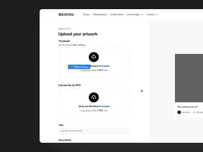 Geisted – minting NFT animation artwork crypto figma interaction loader marketplace mint minting nft preview product design prototype ui ui animation upload ux animation web3