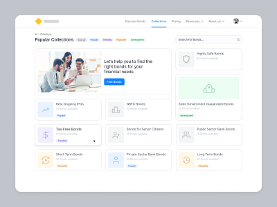 Bonds - Collection Page app bonds charts collections data design dribbble fintech icons interface list listing minimal page product search timeless ui ux web