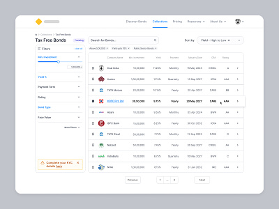 Bonds - Listing Page app bonds components design dribbble filters fintech list listing marketing minimal page product search tax timeless ui user ux web