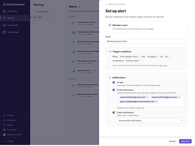 Modal dialog for setting up community activity alerts alerting alerts configure create pattern dialog figma minimal modal notifications product design purple saas settings setup slide over toggles ui design ui ux web