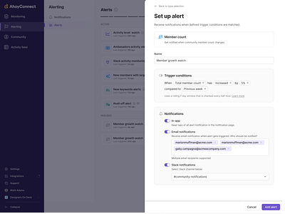 Modal dialog for setting up community activity alerts alerting alerts configure create pattern dialog figma minimal modal notifications product design purple saas settings setup slide over toggles ui design ui ux web