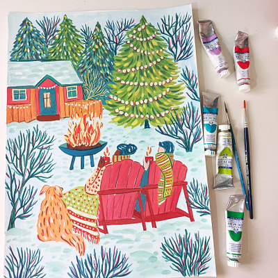 Winter Coziness art christmas couple in love drawing gouache greeting card hand drawn illustration painting winter days winter tome