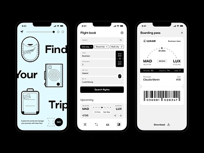 flight manager — mobile app app design application boarding booking dark theme flight graphic design illustration interface ios logo mobile app saas schedule tickets app tourism travel app ui ux visual identity