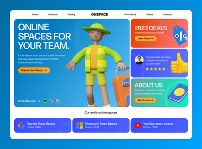 ONSPACE - Online Workspaces 3d bold bright colorful colourful landing page platform ui web design website