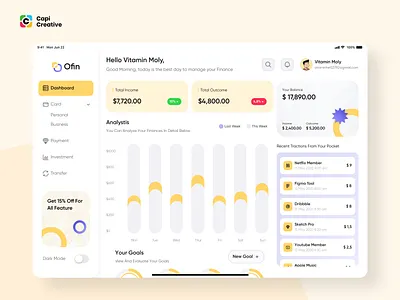 Finance Dashboard For Tablet UI Design app business capi creative dashboard design figma finance dashboard for tablet investment lightmode mobile payment tablet tabletdesign transfer ui ui kit uidesign uxdesign uxui