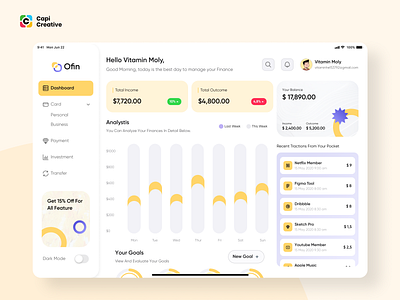 Finance Dashboard For Tablet UI Concept app business capi creative dashboard design figma finance dashboard for tablet investment lightmode mobile payment tablet tabletdesign transfer ui ui kit uidesign uxdesign uxui