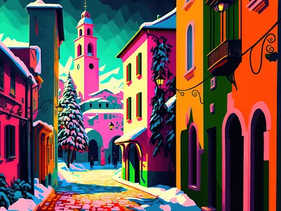 Winter in towt ai canvas print illustration painting wall art