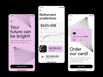 Retirement planner application black and white brutaism charts contrast design finance fintech mobile app money payment pink retirement savings ui ux