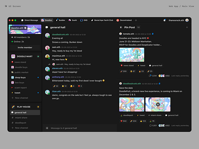 Buidler Screen - Main View blockchain buidler buidler app chat community dark mode messaging post screen side bar ui ux wallet web3