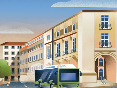 Green hydrogen bus driving through Barcelona adobe illustrator adobe photoshop amsterdam barcalona bus city design editorial green hydrogen holland illustration wpcreativegroup