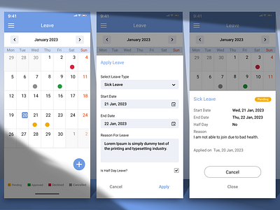 Leave Request Application all leave apply leave approved calendar cancel leave declined half day leave leave application leave detail leave info leave management leave reason leave status leave type new leave pending leave sick leave ui ux
