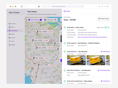 Delivery Management Dashboard — Order Timeline clean dashboard delivery management design logistics minimal order management ui ux