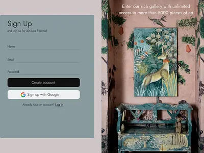Sign up form for a gallery with art works art challenge gallery graphic design log in sign up ui