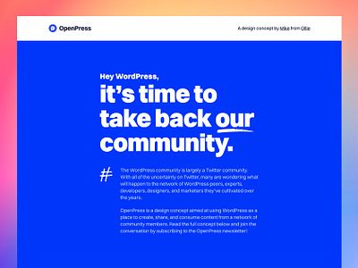 OpenPress: A Decentralized WordPress Community accent big text blue clean design font landing page logo one page sans serif social template typography wordpress