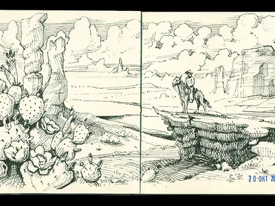 Inktober '22 20 [ink drawing] concept art cowboy crosshatching drawing etching graphic hatching illustration ink sketch sketchbook traditional art