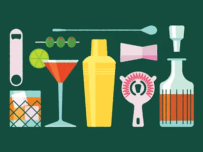 Bartending alcohol bar bartender barware bottle chris rooney cocktail decanter glass ice illustration lime liquor mixologist mixology olive opener shaker spoon strainer
