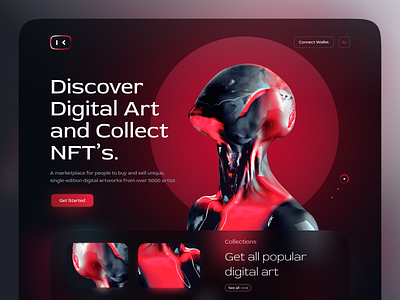 NFT Marketplace website 3d art bitcoin creative crypto cryptocurrency design futuristic hero page interface landing page marketplace nft ui uiux visual visual identity web web design website design