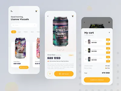 Online Beer shop app exploration 360 view add to bag add to cart app beer beer app beer shop checkout delivery app discount ecommerce app favorite filters ios app design menu mobile online beer shop product design sort by style guide