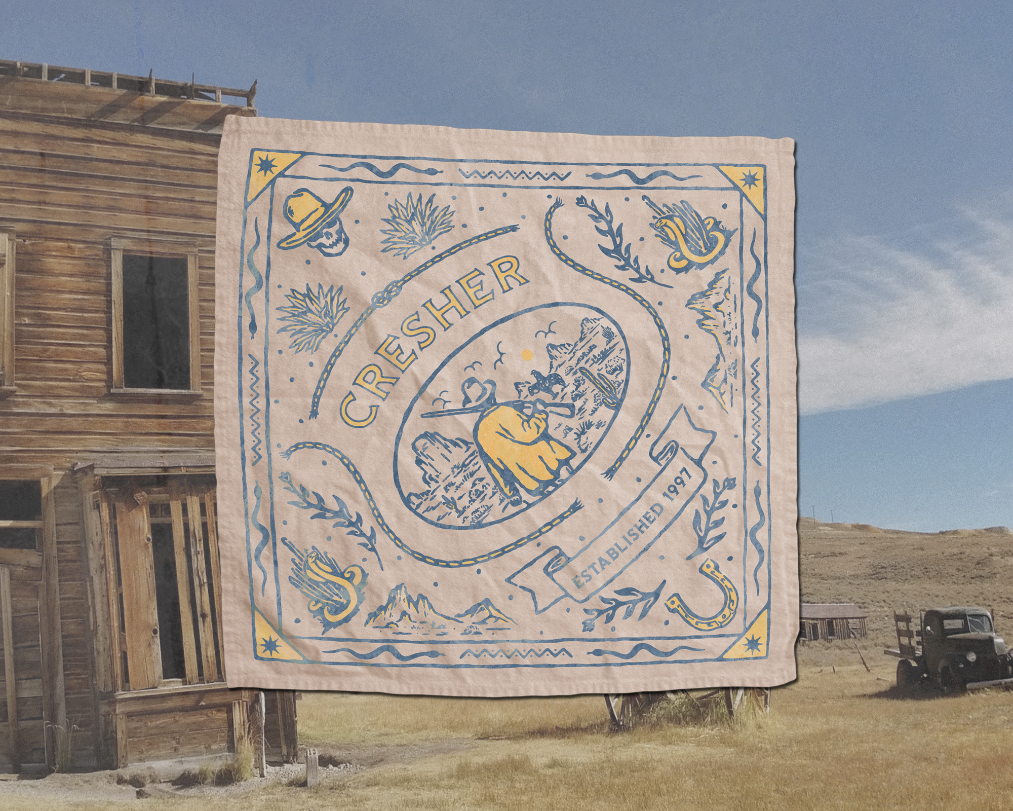 Cresher Bandana and Totebag artwork bandana brand brand identity branding design graphic design handdrawn illustration logo merchandise totebag vintage design